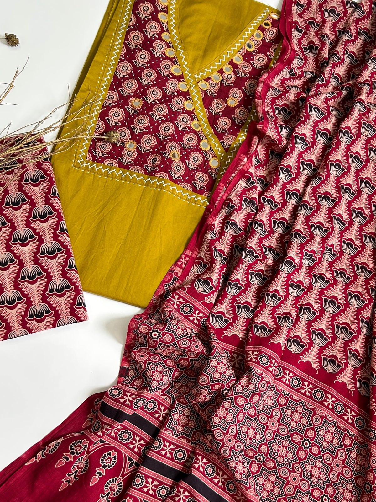 Ajrakh Cotton Dress Material with Original Mirror Work
