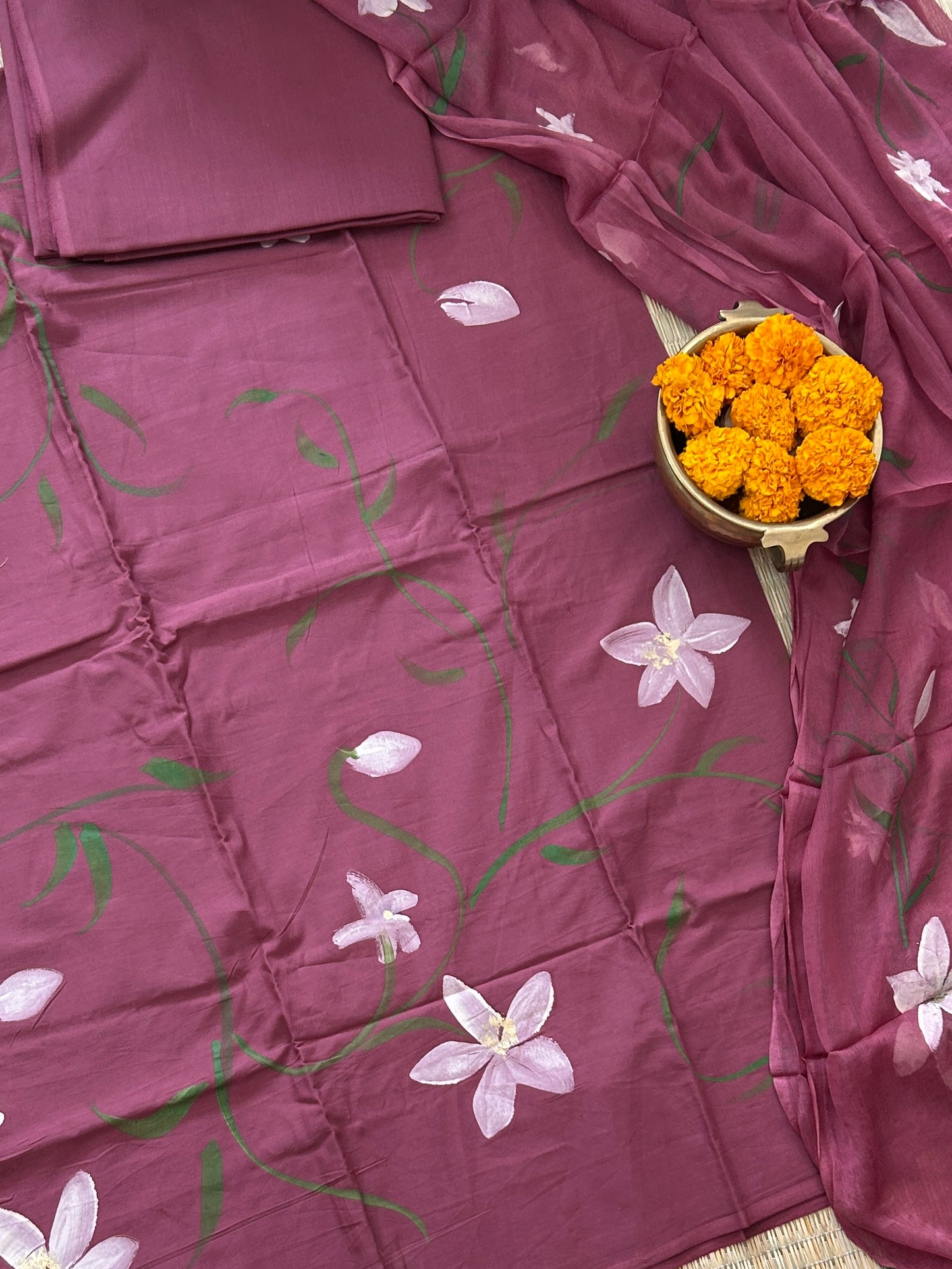Hand Painted Cotton Dress Material with Chiffon Dupatta
