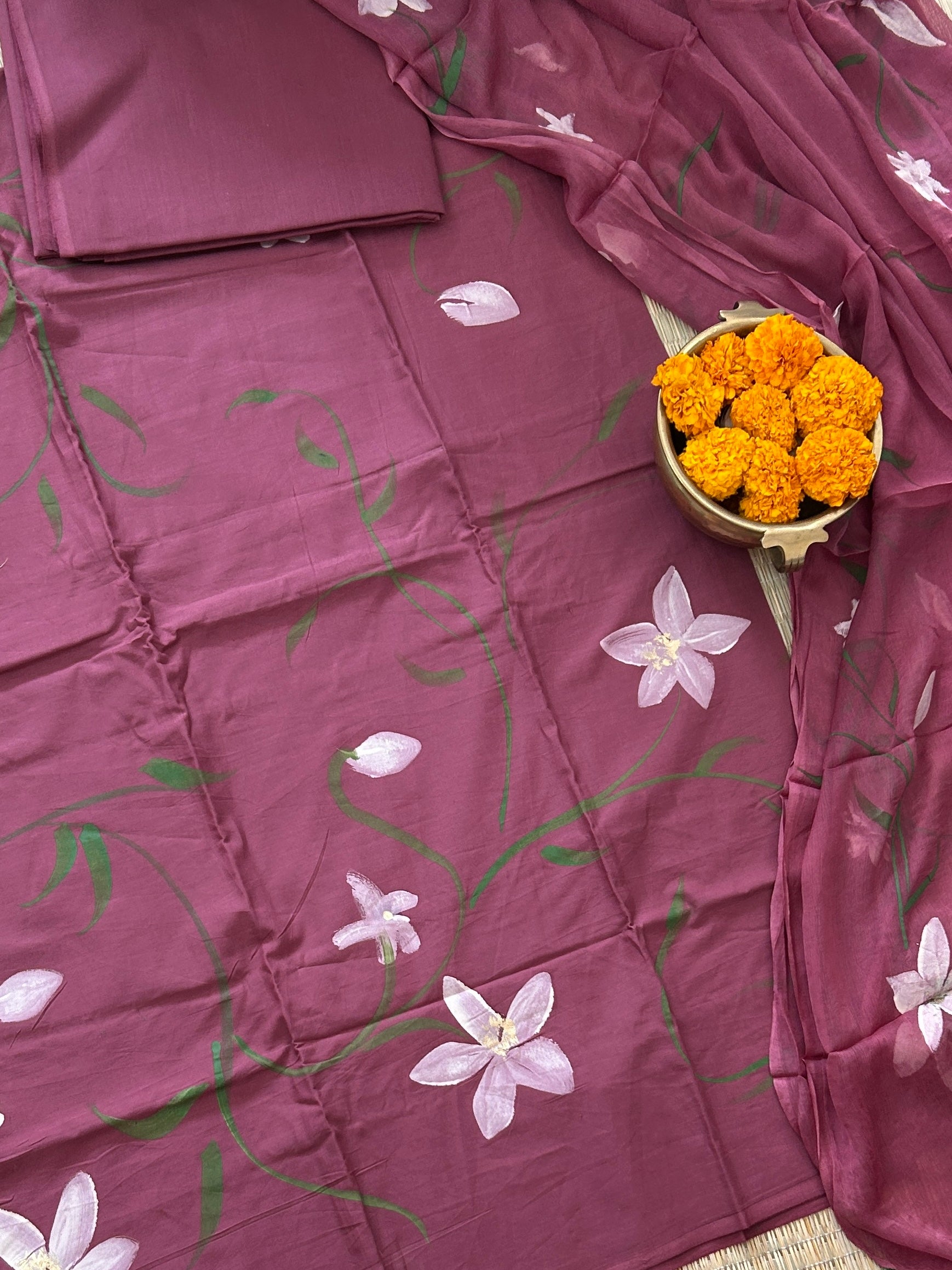 Hand Painted Cotton Dress Material with Chiffon Dupatta