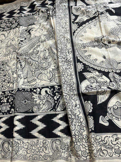 Kalamkari Hand Painted Malmal Cotton Saree with Blouse