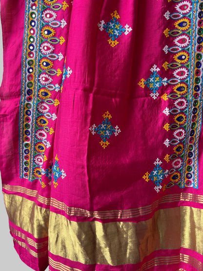Pink Semi Modal Mirror Work and Kutchh Work Dupatta with lagdi patta