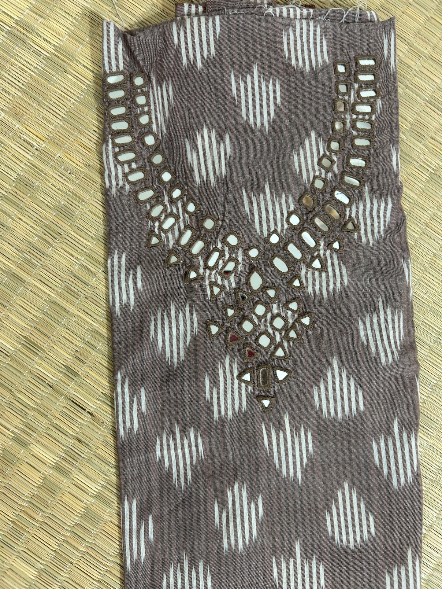 Peach Mirror Work Ikat Cotton Unstitched Kurti