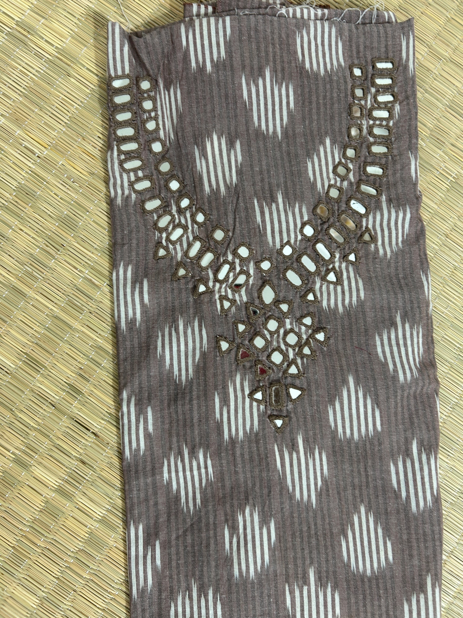 Peach Mirror Work Ikat Cotton Unstitched Kurti