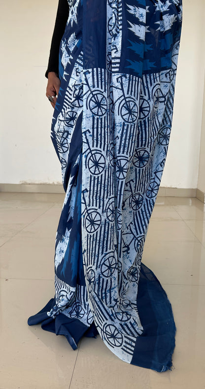 Indigo Hand BlockPrint Cotton Saree with Blouse