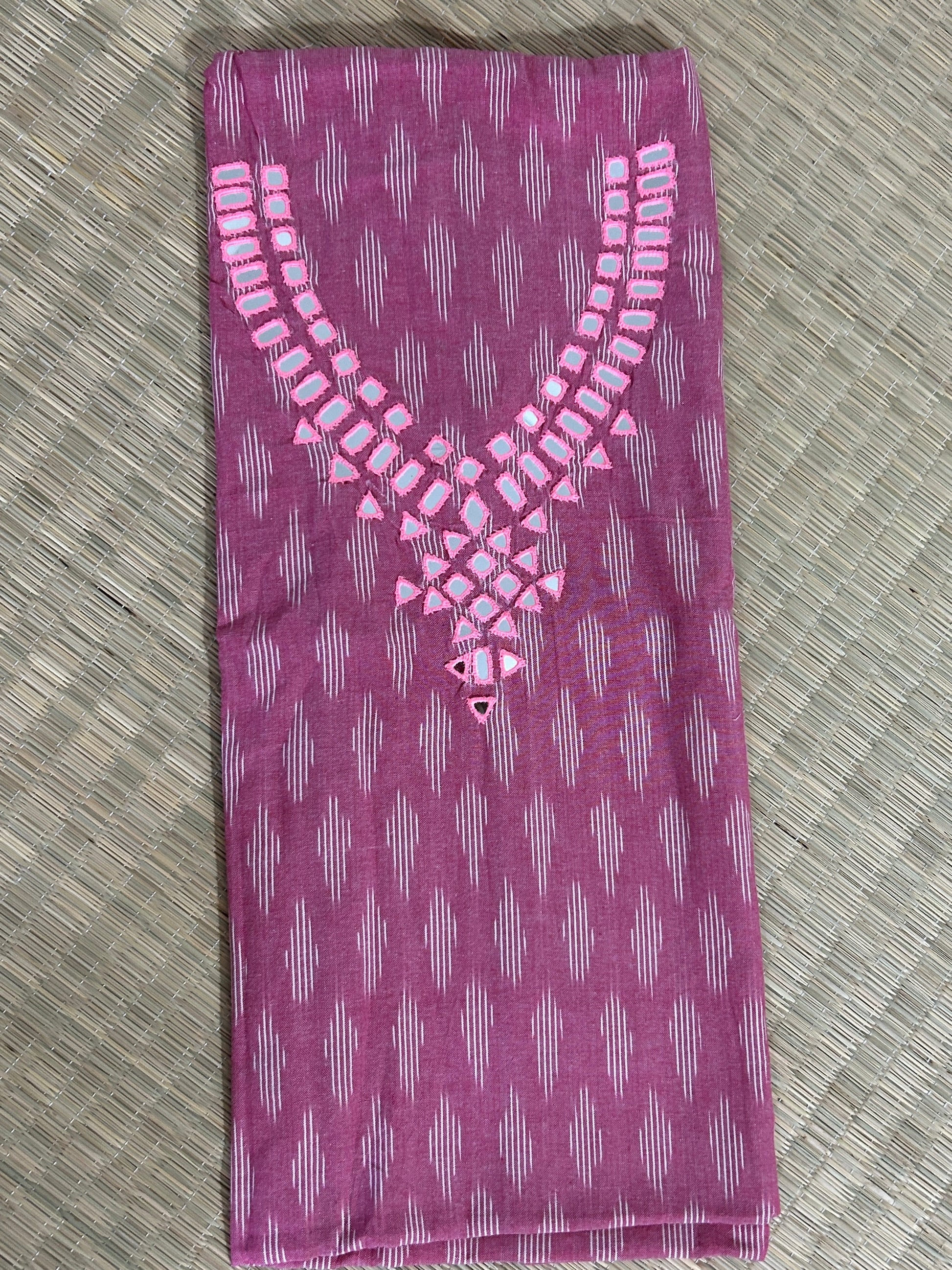 Peach Mirror Work Ikat Cotton Unstitched Kurti