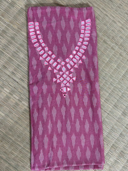 Peach Mirror Work Ikat Cotton Unstitched Kurti