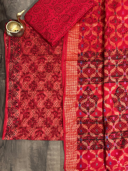 Red Bagh Print Cotton Dress Material with zari Weaving Border