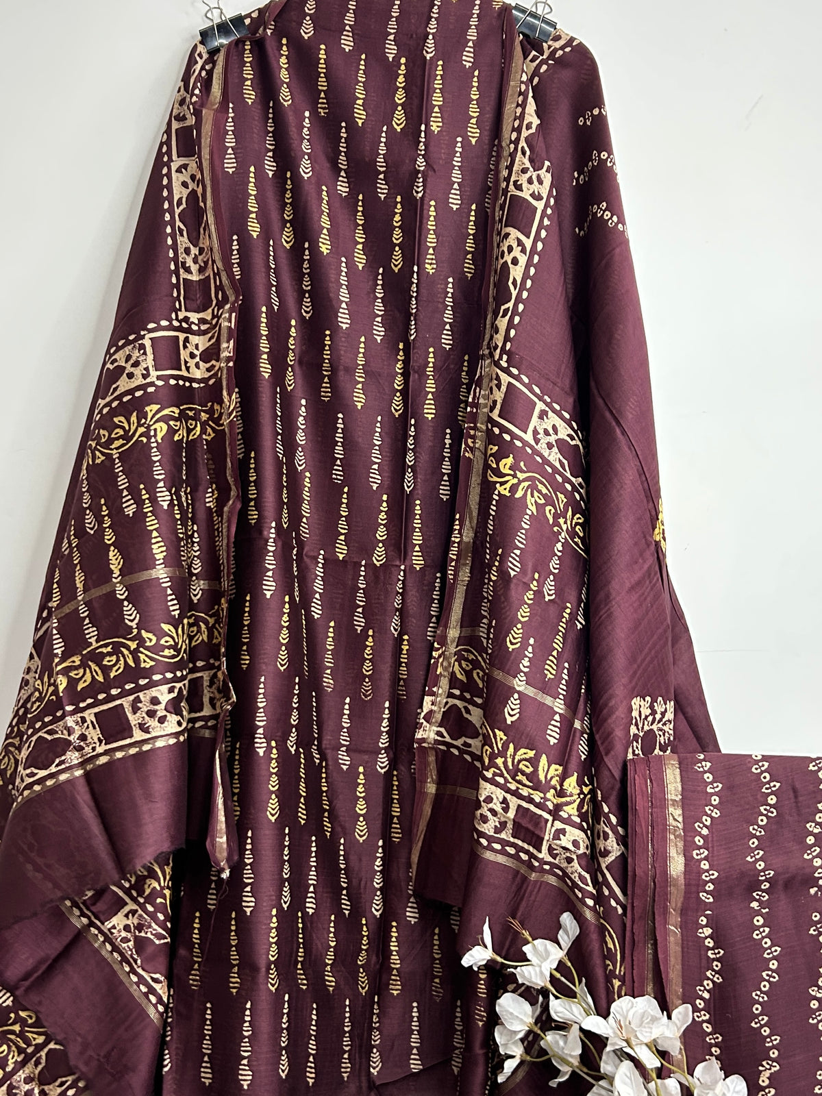 Chanderi Pure Silk Hand Blockprint Dress Material with Silk bottom