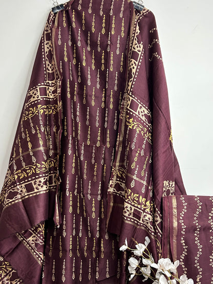 Chanderi Pure Silk Hand Blockprint Dress Material with Silk bottom