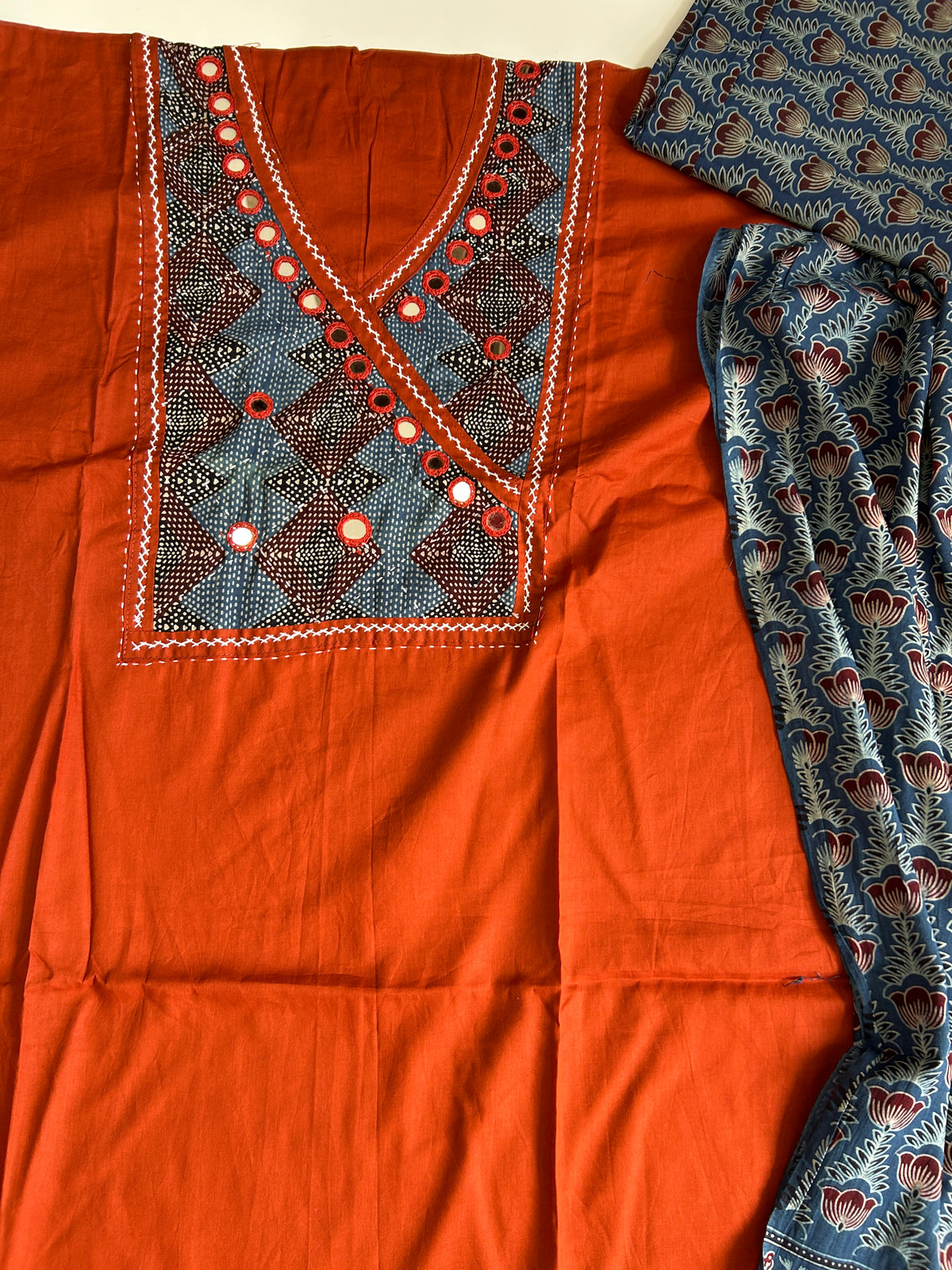 Ajrakh Cotton Dress Material with Original Mirror Work