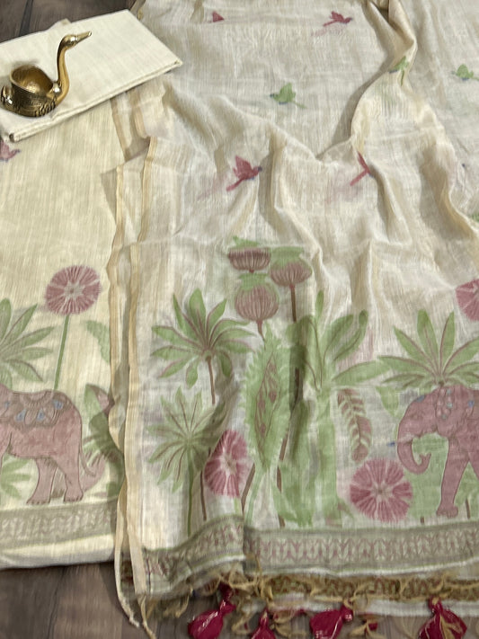 Muga Silk Cotton Dress Material with woven motives