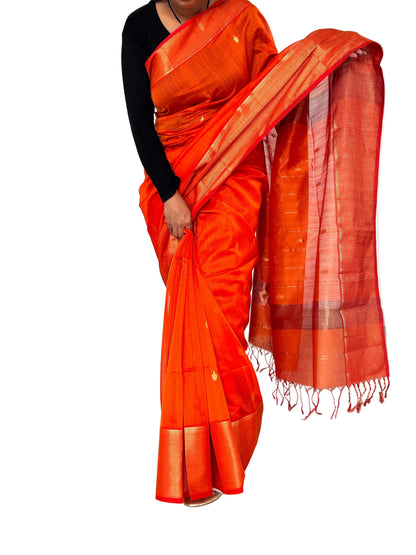 Orange Maheshwari Silk Cotton Handloom Saree with Blouse