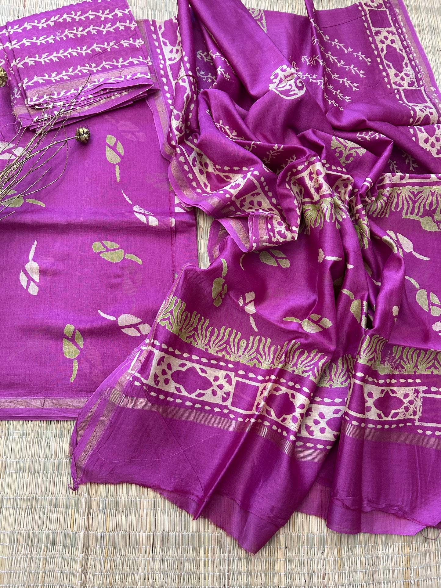 Hand Blockprint Chanderi 4 ply Pure Silk Dress Material with Chanderi silk bottom