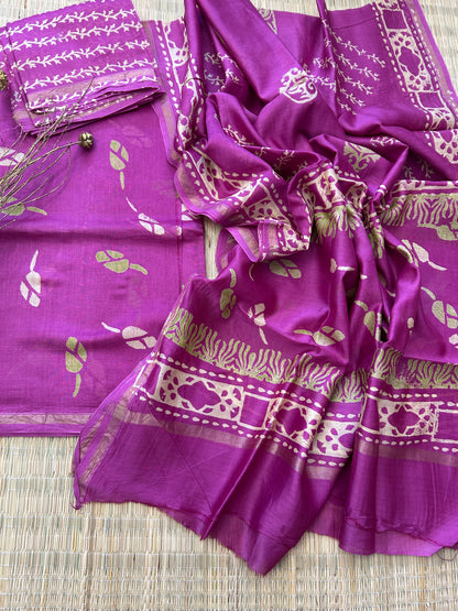 Hand Blockprint Chanderi 4 ply Pure Silk Dress Material with Chanderi silk bottom