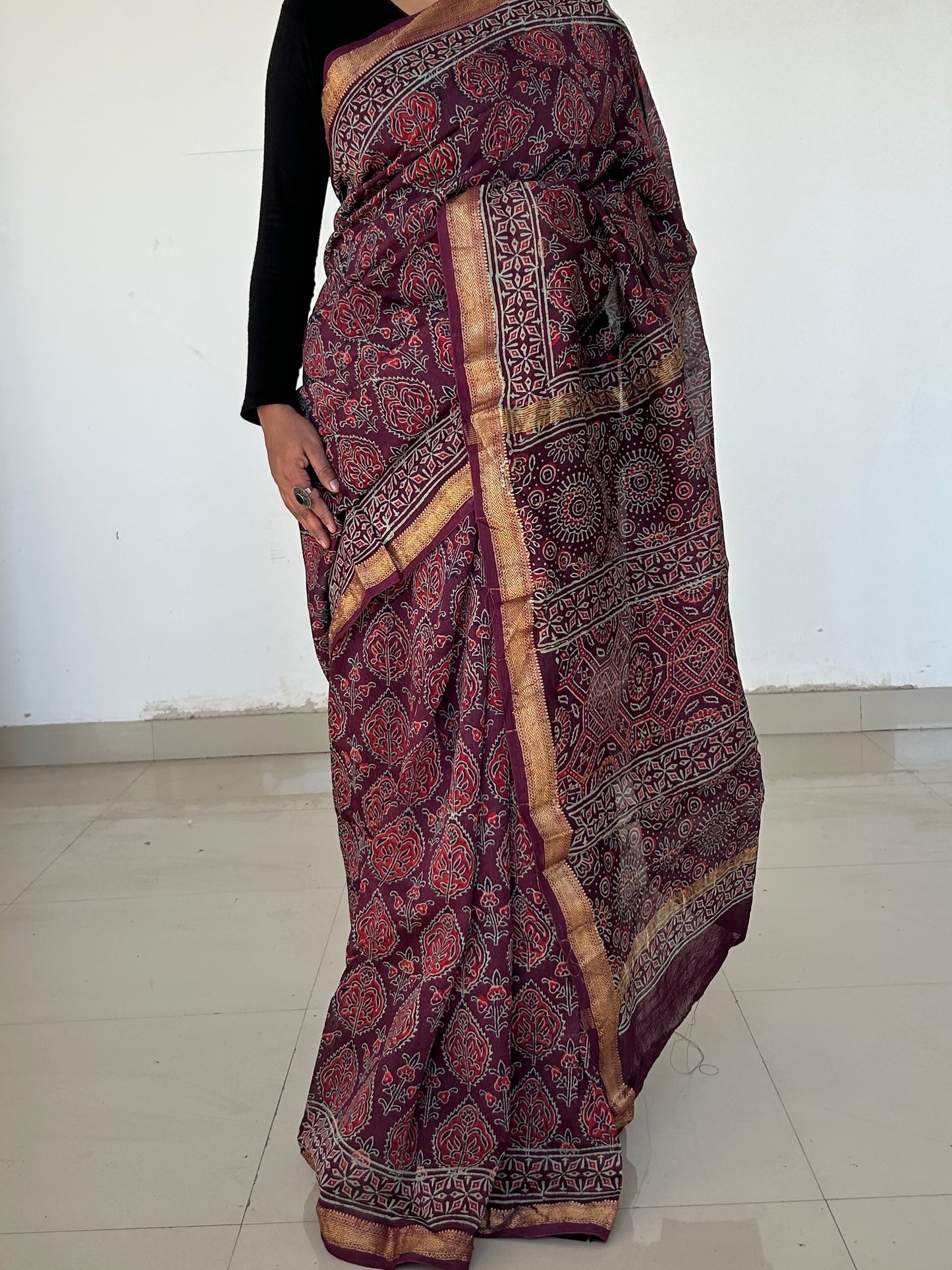 Ajrakh Maheshwari Silk Cotton Saree with Gold zari Border