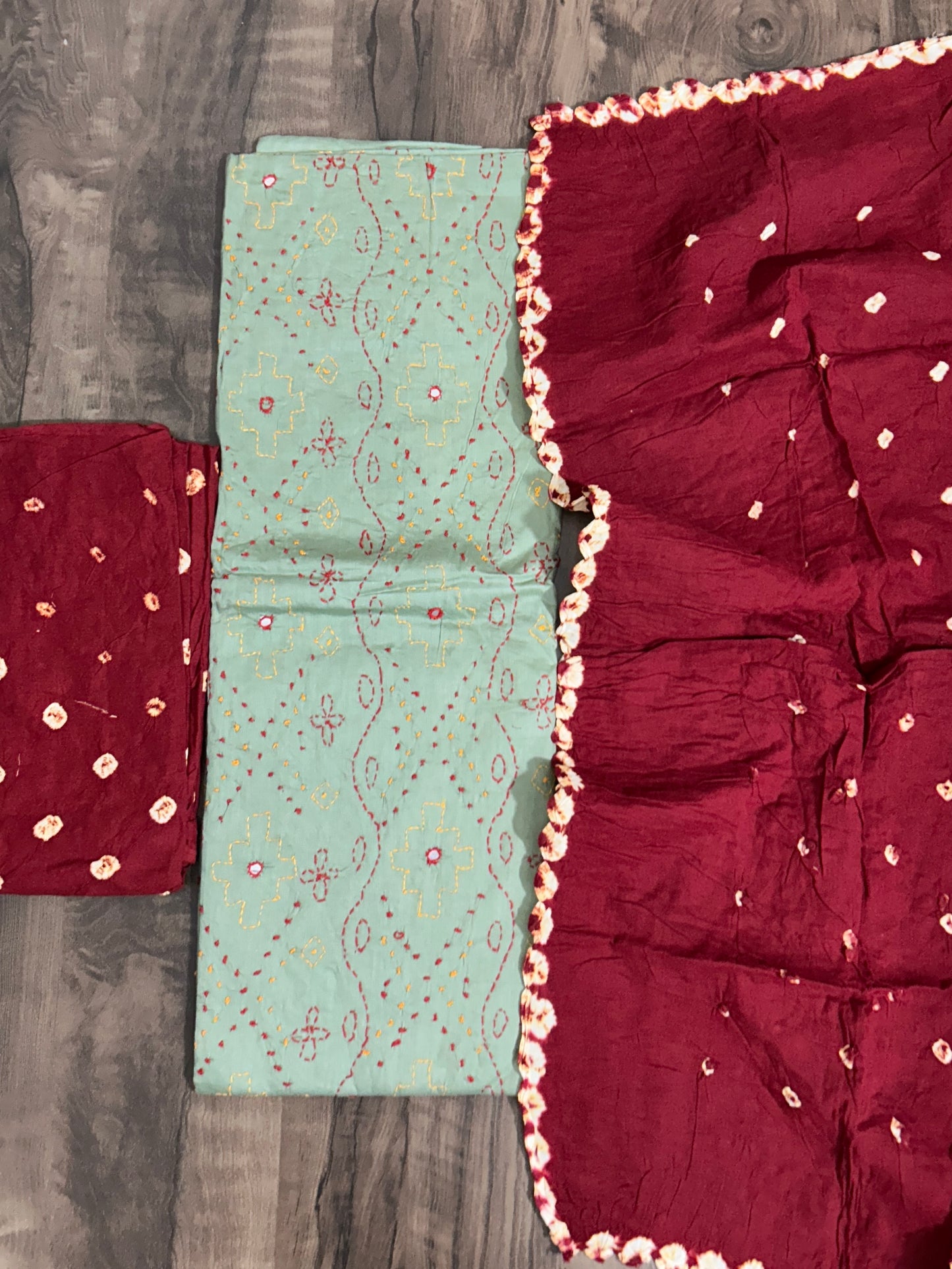 Embroidered Cotton Bandhej Dress Material