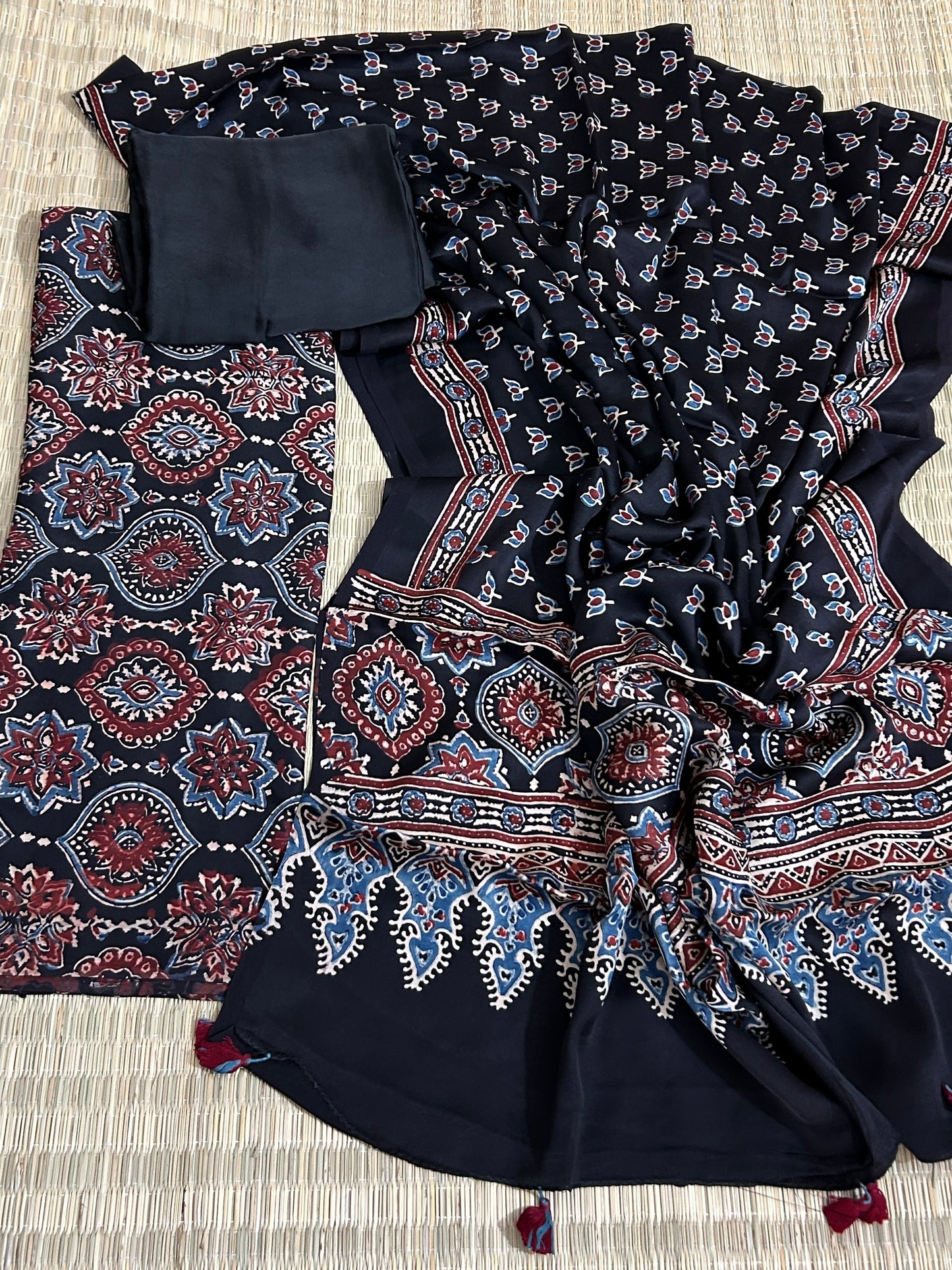 Black Ajrakh Modal Silk Dress Material
