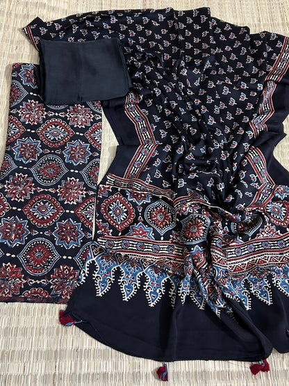 Black Ajrakh Modal Silk Dress Material