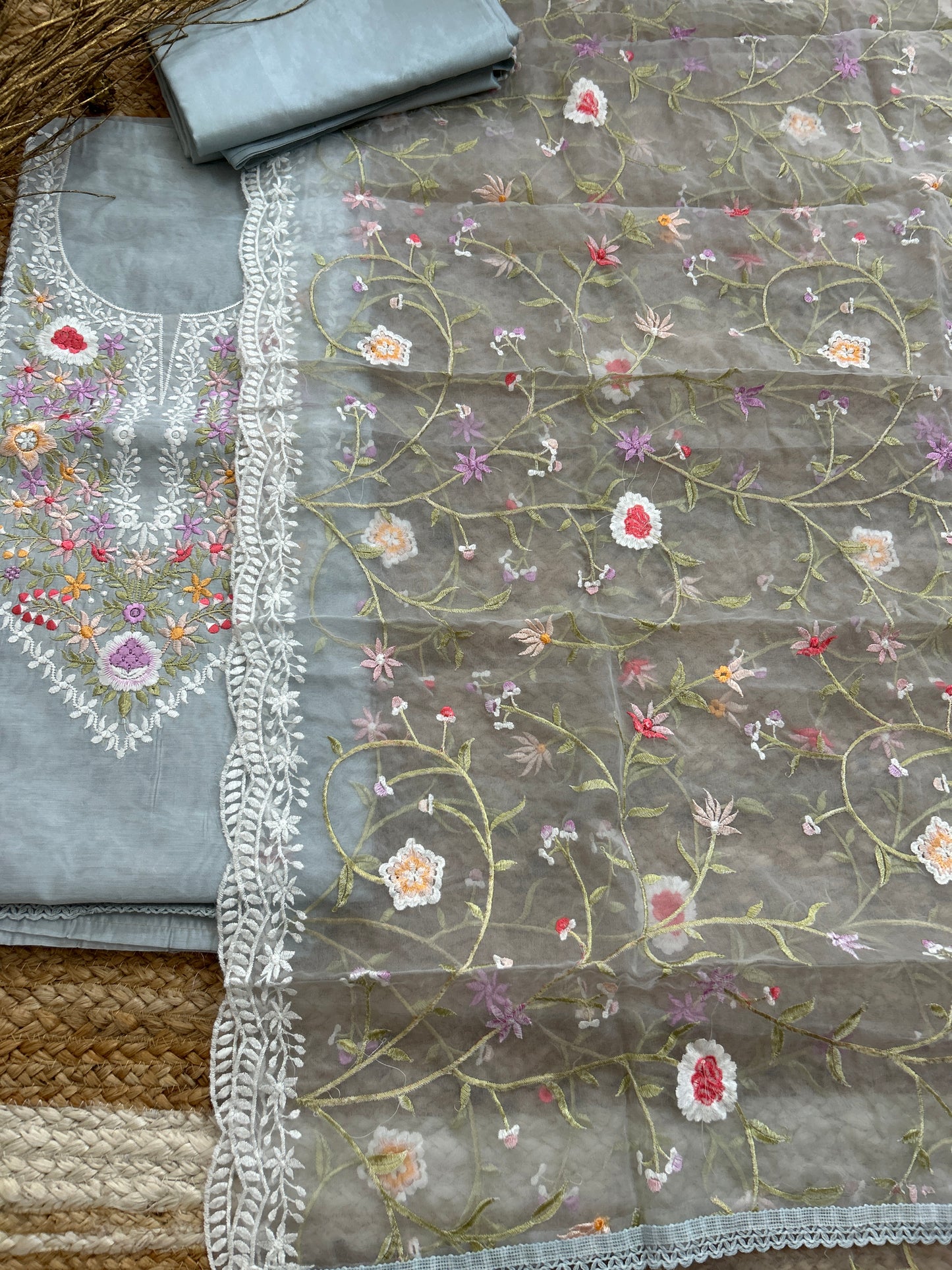 Embroidered Cotton Dress Material with Embroidered Organza Dupatta