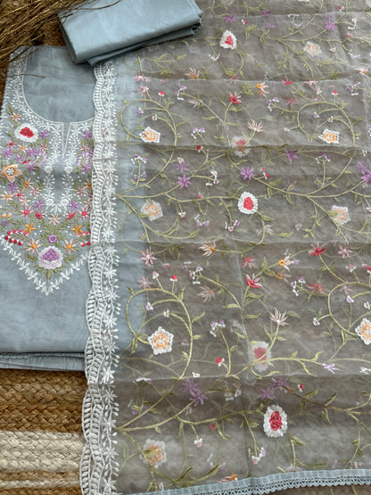 Embroidered Cotton Dress Material with Embroidered Organza Dupatta