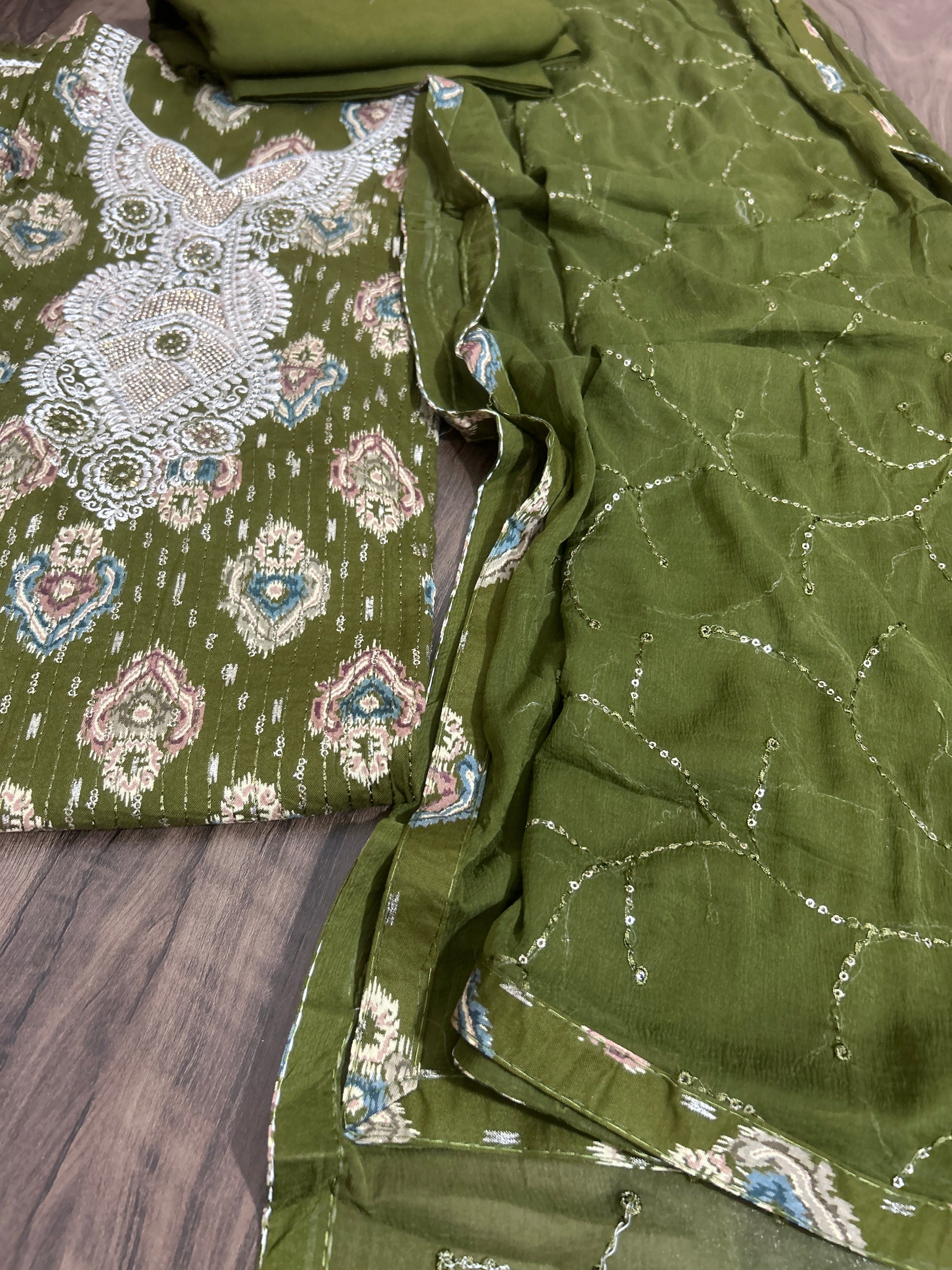 Embroidered Cotton Dress Material with Chiffon Dupatta