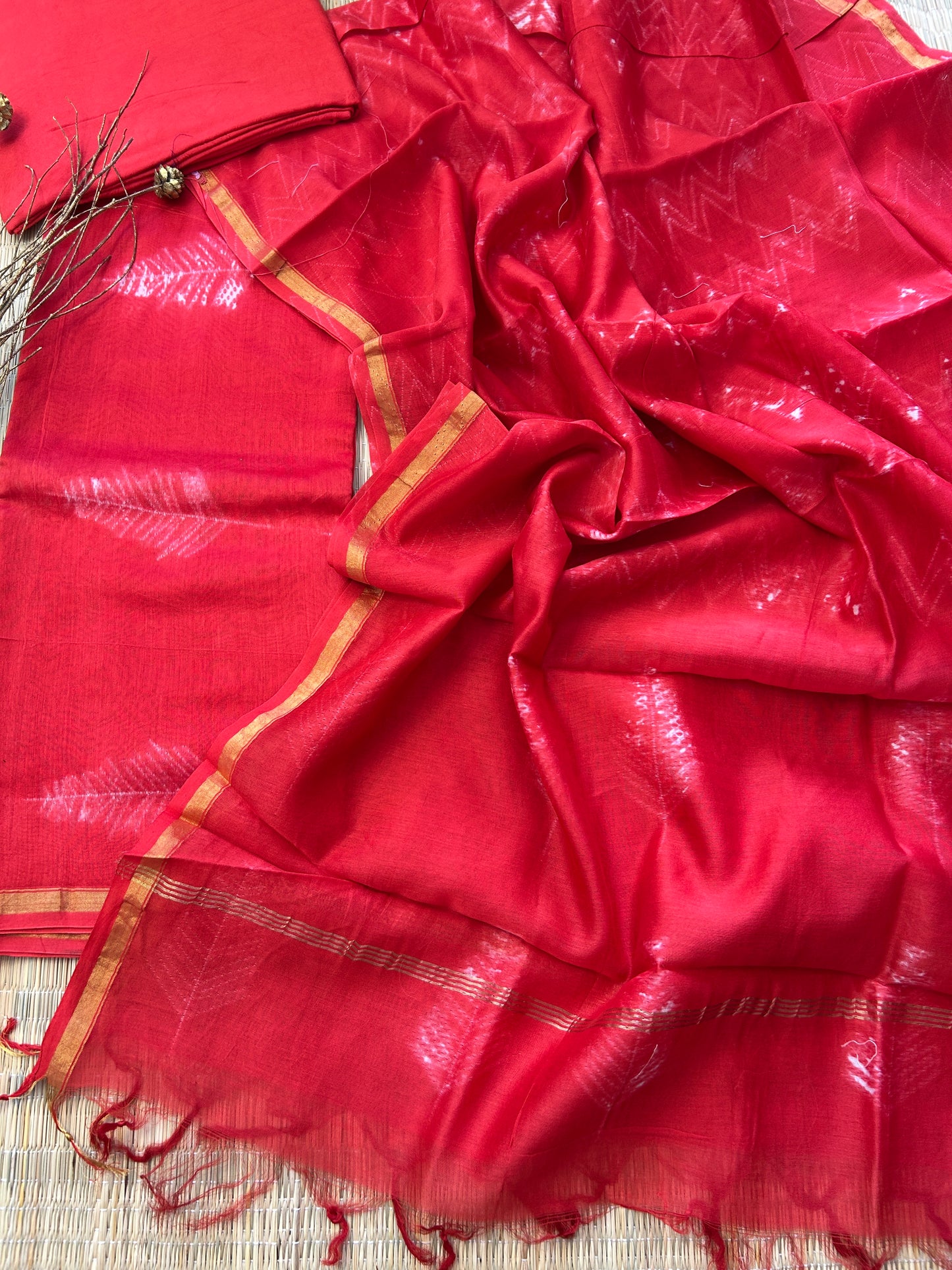 Needle Shibori Chanderi Silk Cotton Dress Material with Shantoon bottom