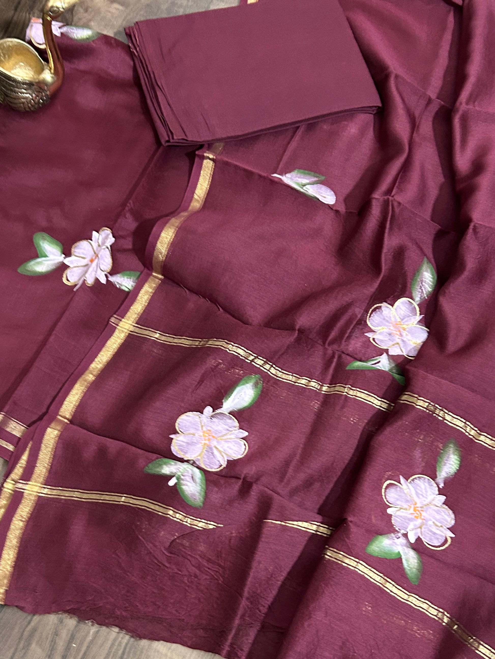 Wine Hand Painted Chanderi Silk Cotton Dress Material