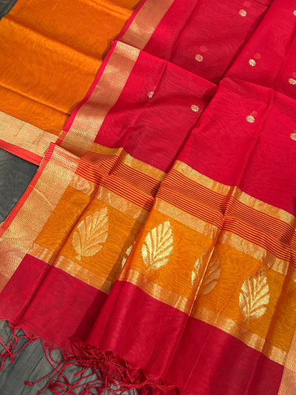 Orange Red Maheshwari Silk Dress Material