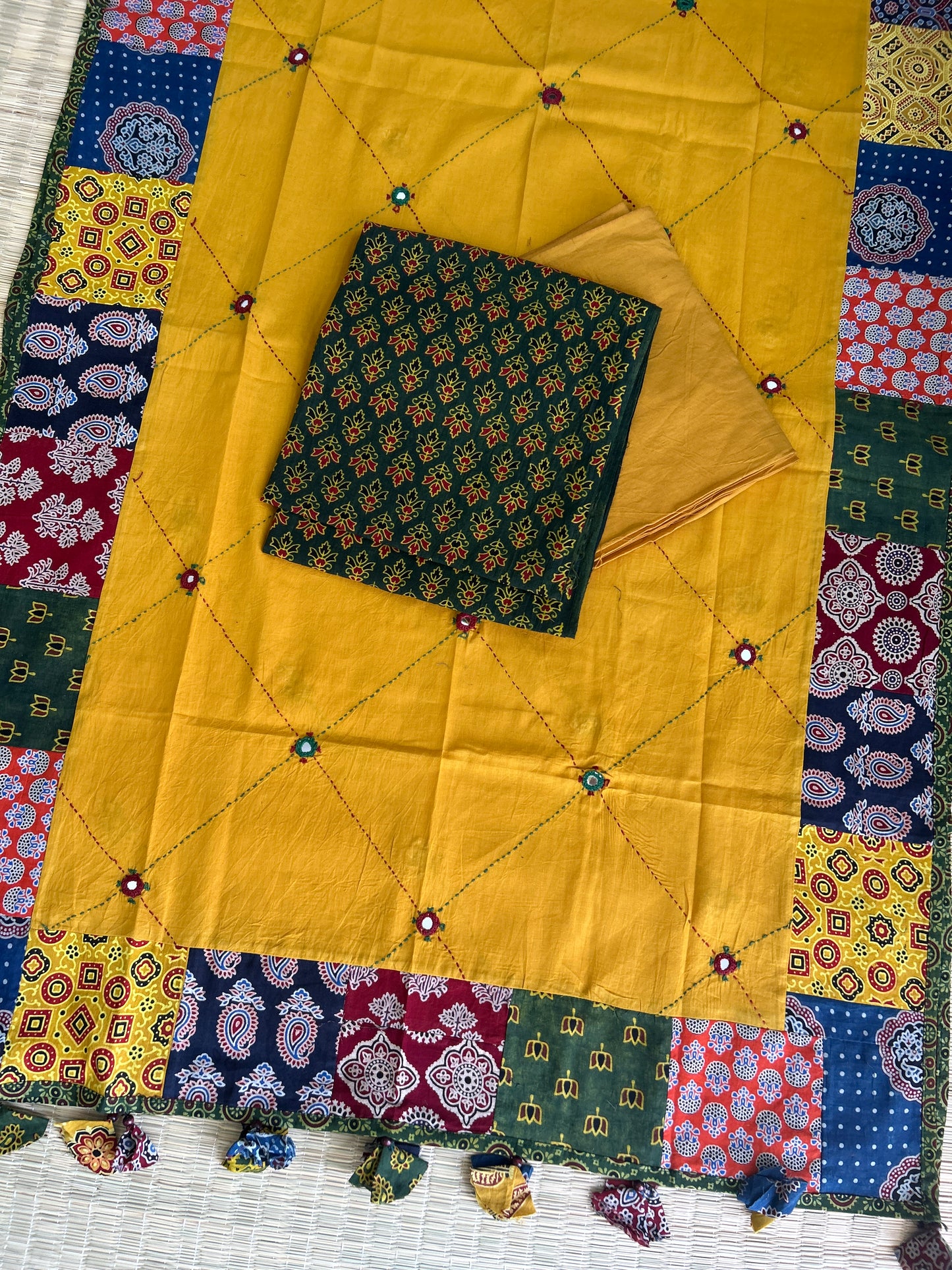 Ajrakh Cotton Dress Material with Mirror work Dupatta