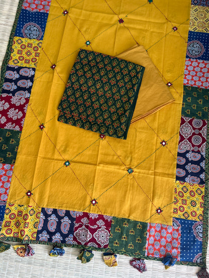 Ajrakh Cotton Dress Material with Mirror work Dupatta