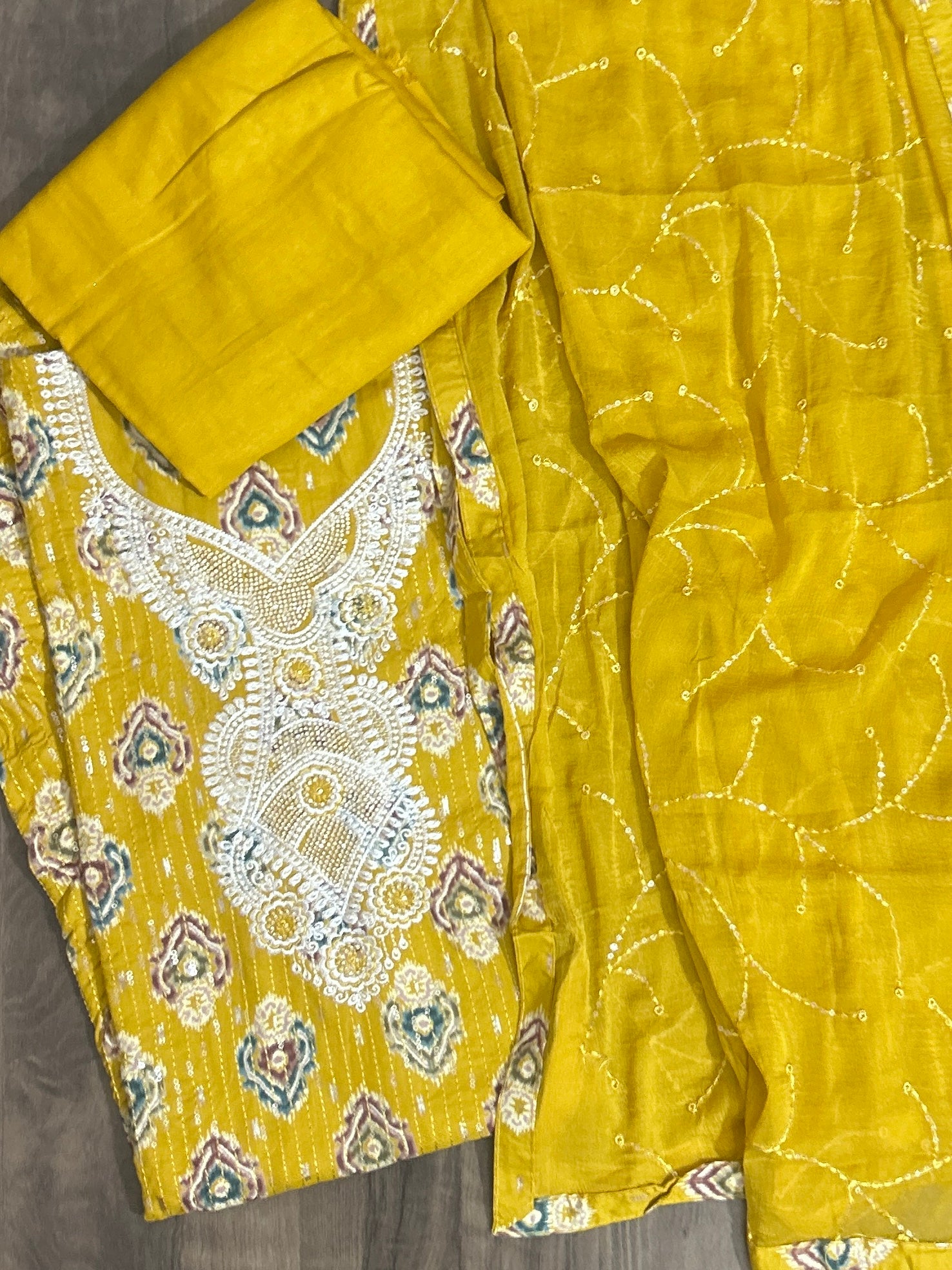 Yellow Embroidered Cotton Dress Material with Chiffon Dupatta&nbsp;