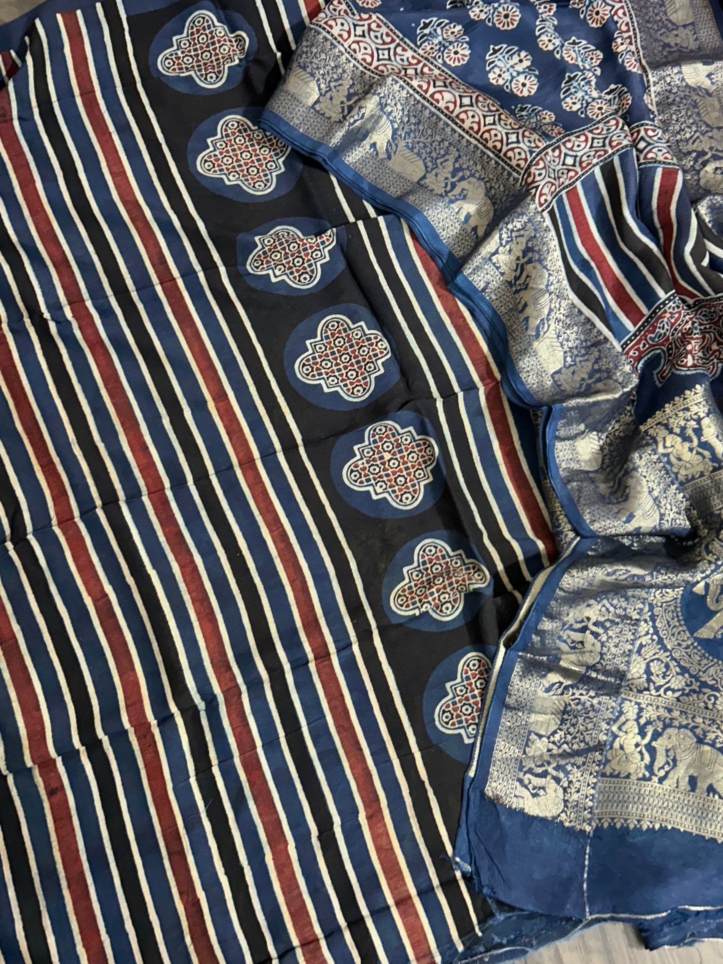 Ajrakh Dola Silk Dress Material wth Banarasee Border Dupatta