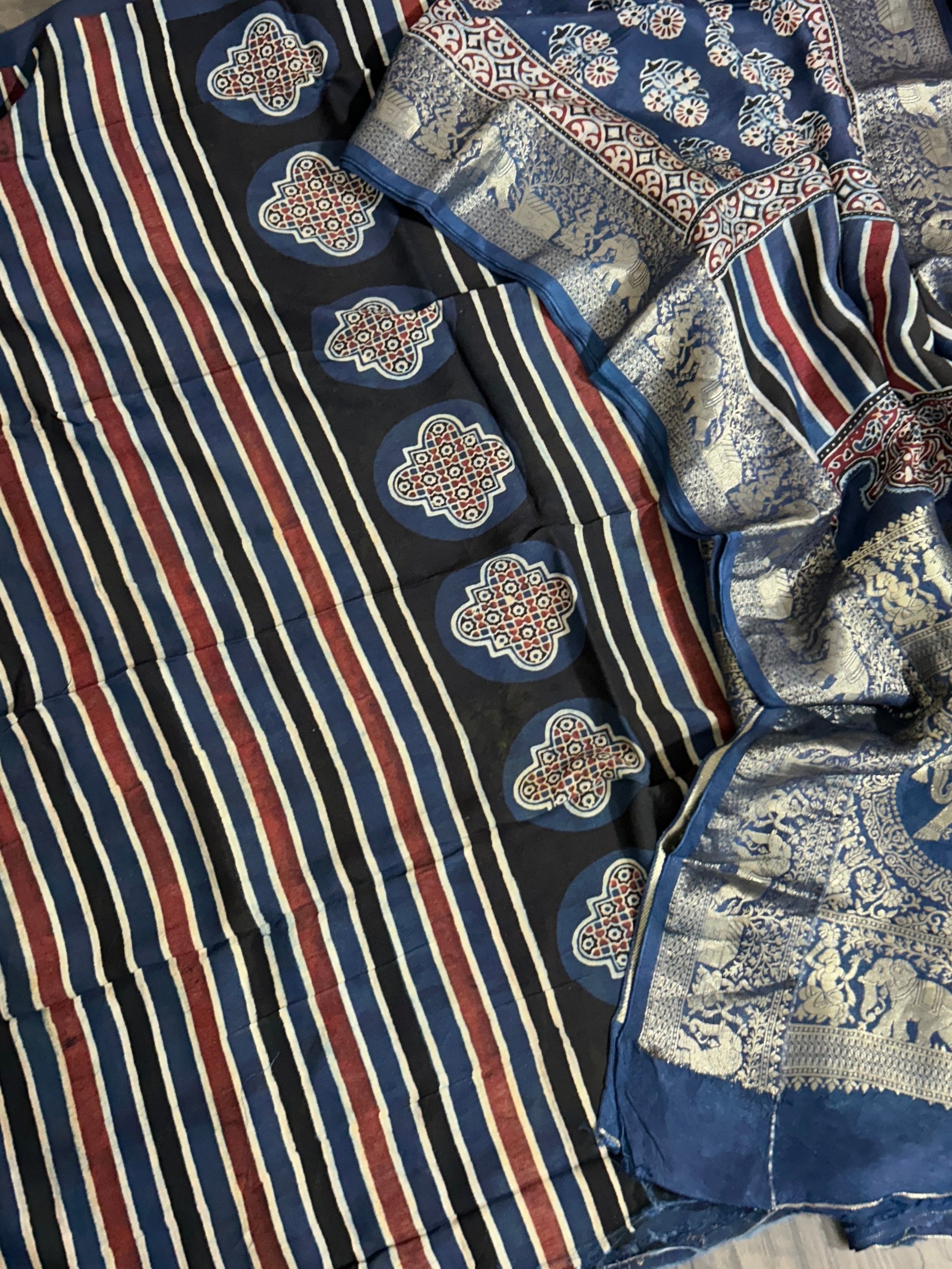 Ajrakh Dola Silk Dress Material wth Banarasee Border Dupatta