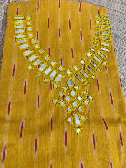Peach Mirror Work Ikat Cotton Unstitched Kurti