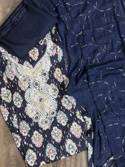 Navy Blue Embroidered Cotton Dress Material with Chiffon Dupatta&nbsp;