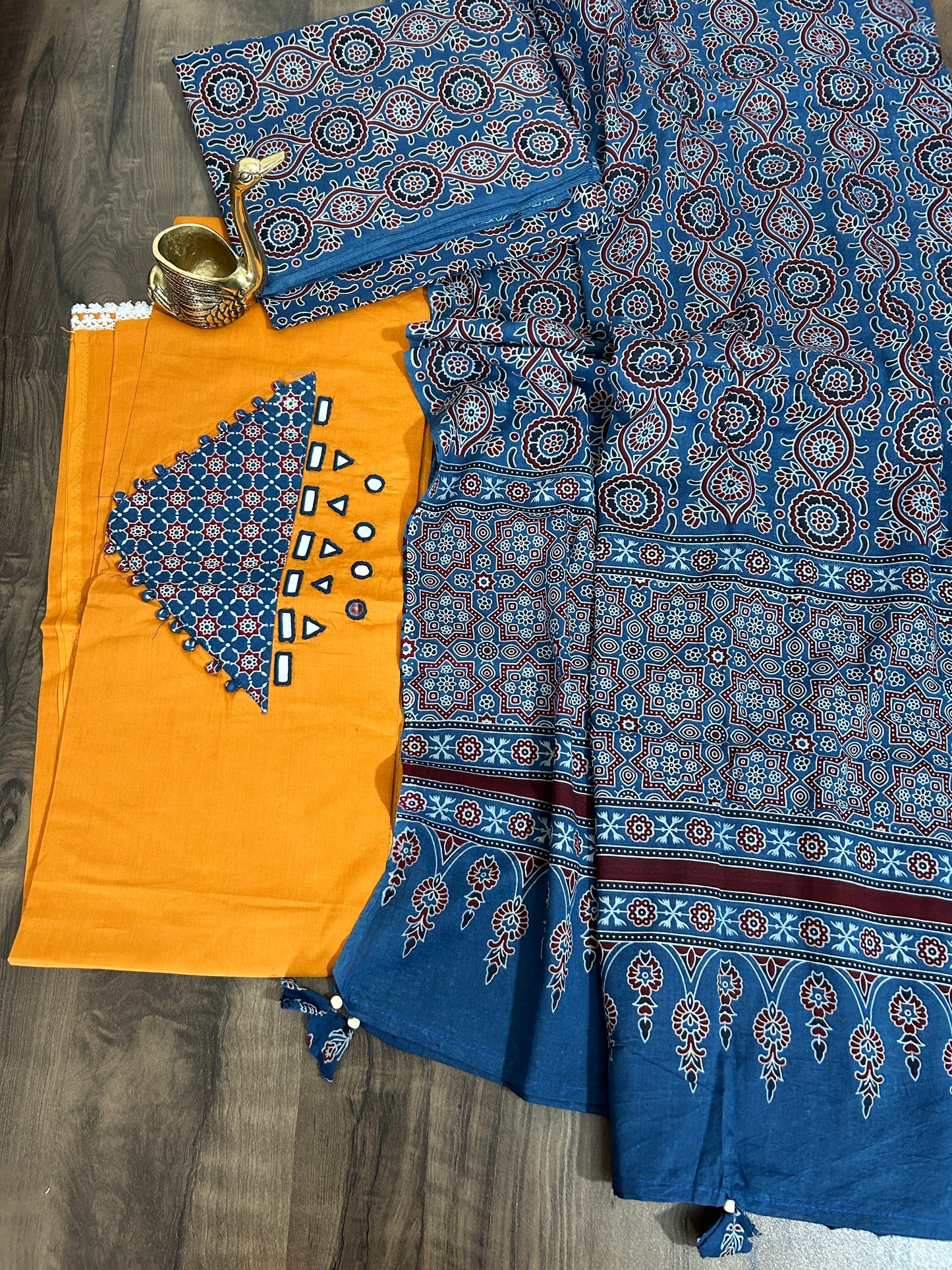 Ajrakh Cotton Dress Material with Original Mirror Work