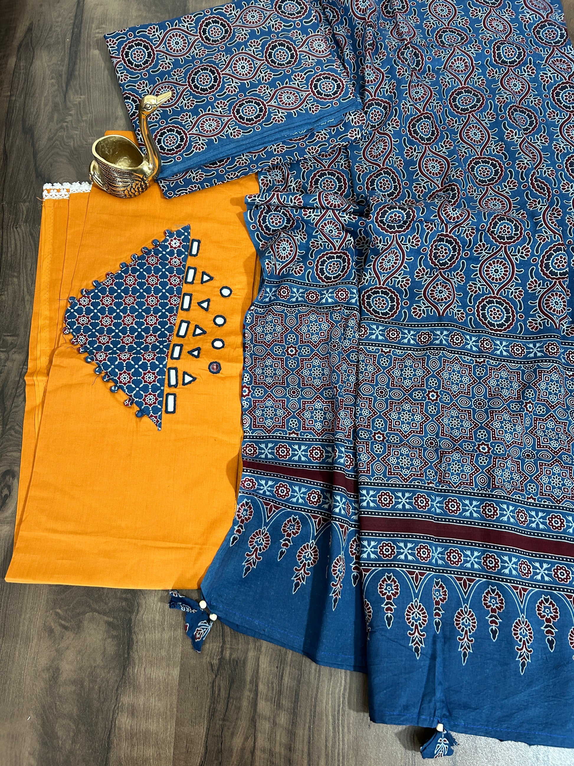Ajrakh Cotton Dress Material with Original Mirror Work