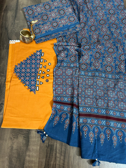 Ajrakh Cotton Dress Material with Original Mirror Work