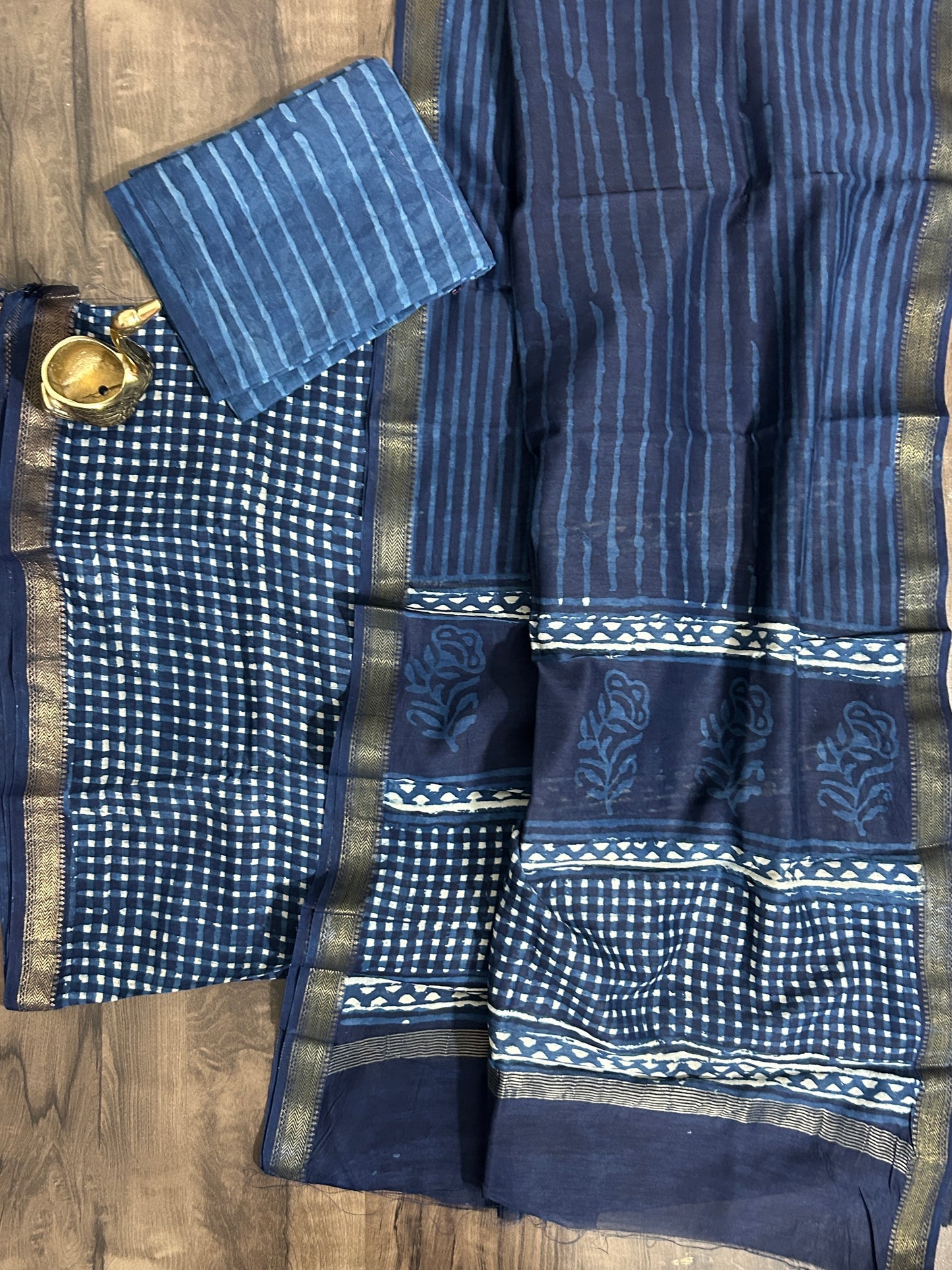 Indigo Hand BlockPrint Maheshwari Silk Cotton Dress Material