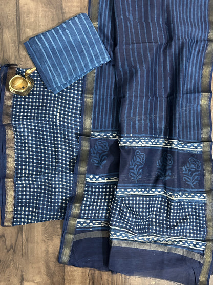 Indigo Hand BlockPrint Maheshwari Silk Cotton Dress Material