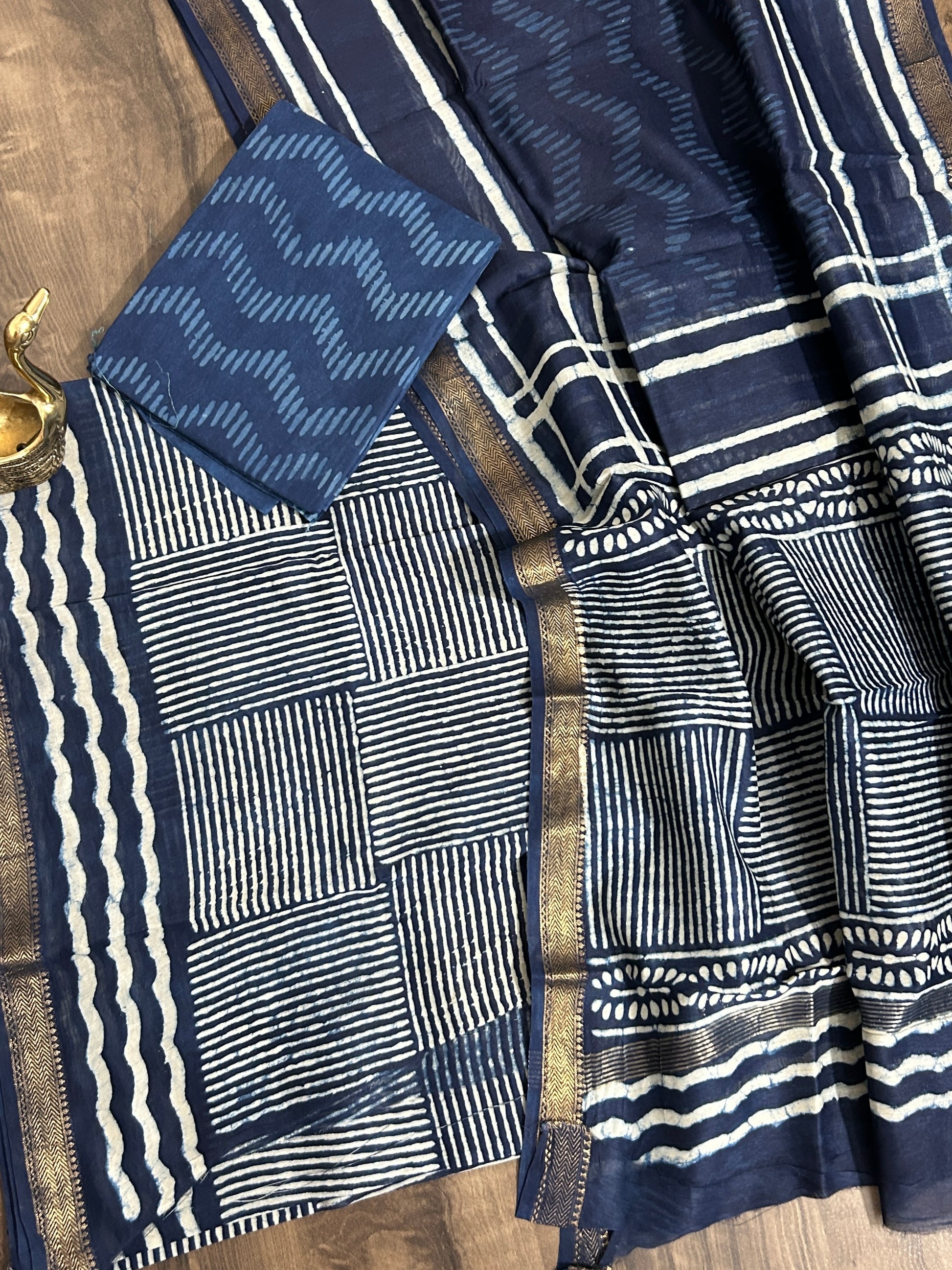 Indigo Hand BlockPrint Maheshwari Silk Cotton Dress Material