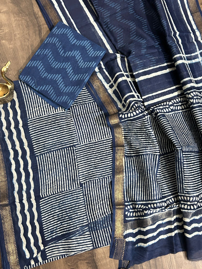 Indigo Hand BlockPrint Maheshwari Silk Cotton Dress Material