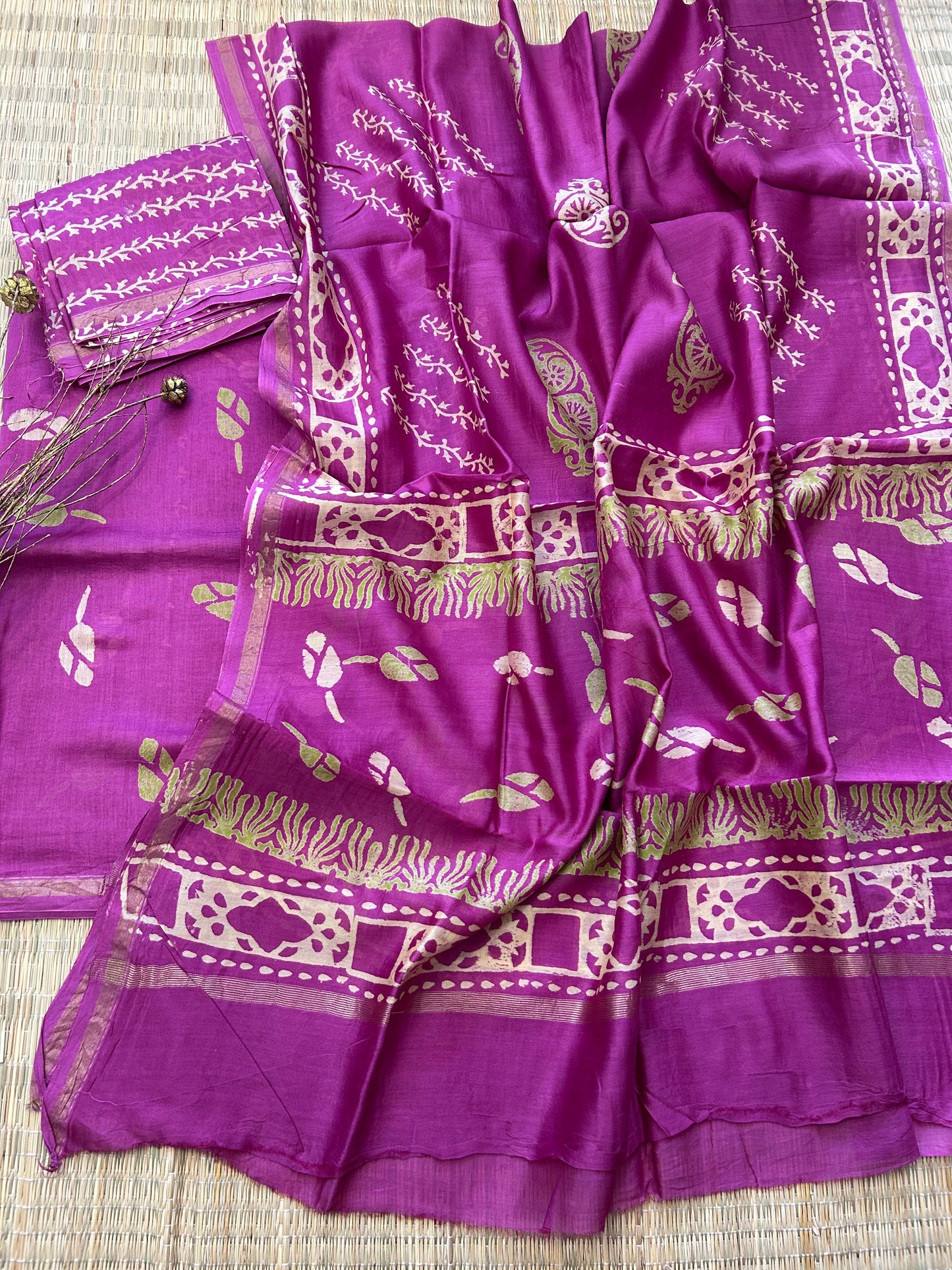 Hand Blockprint Chanderi 4 ply Pure Silk Dress Material with Chanderi silk bottom