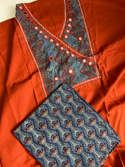 Ajrakh Cotton Dress Material with Original Mirror Work