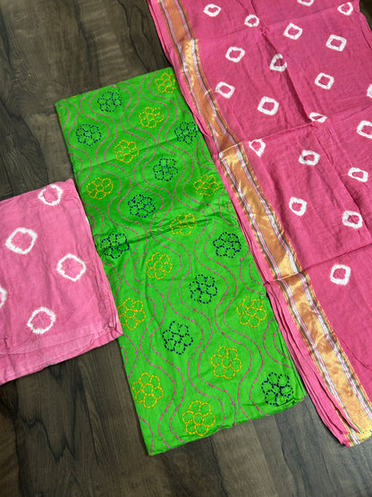 Embroidered Cotton Bandhej Dress Material