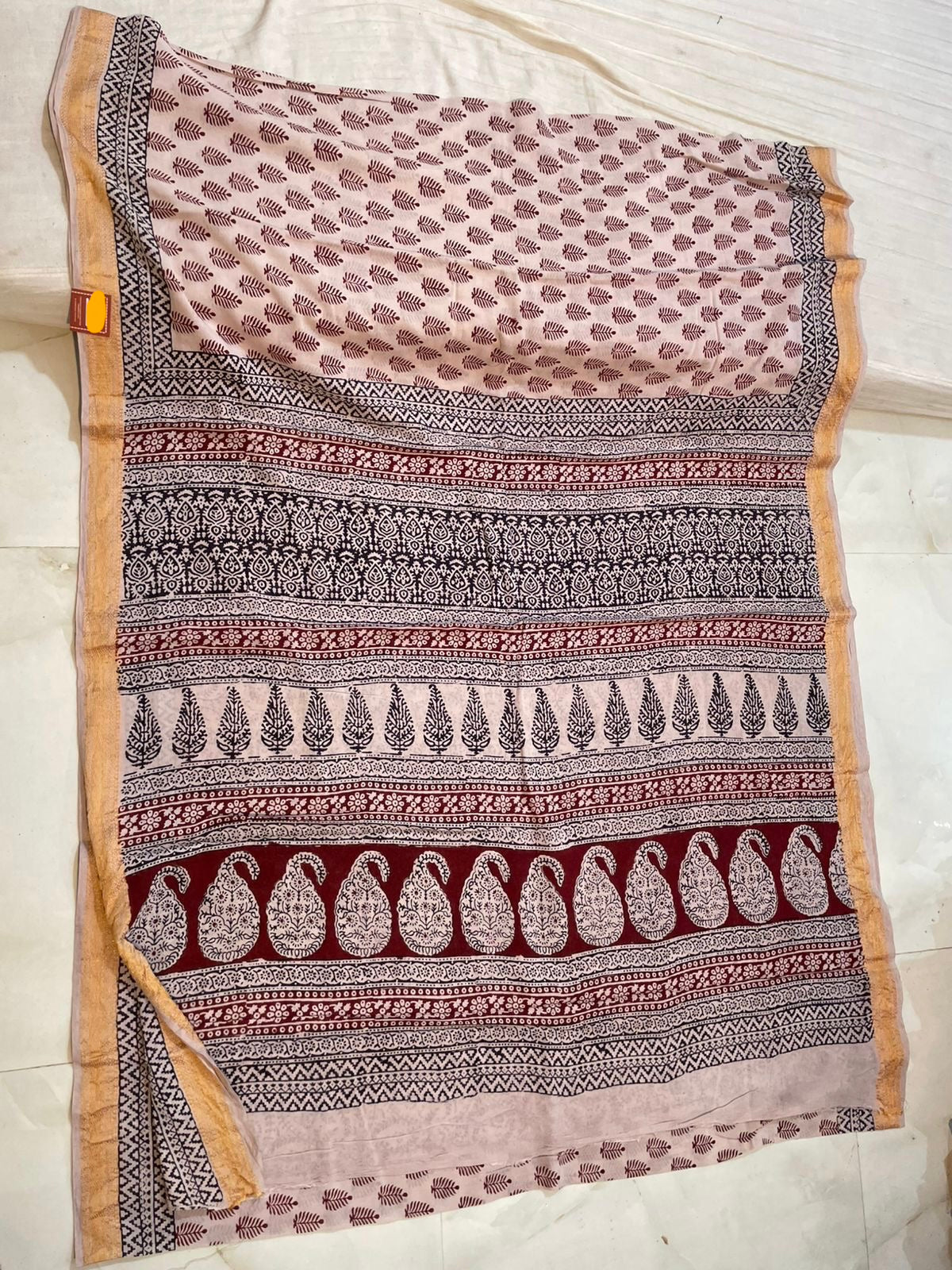 Bagh Print Cotton Saree with zari Border