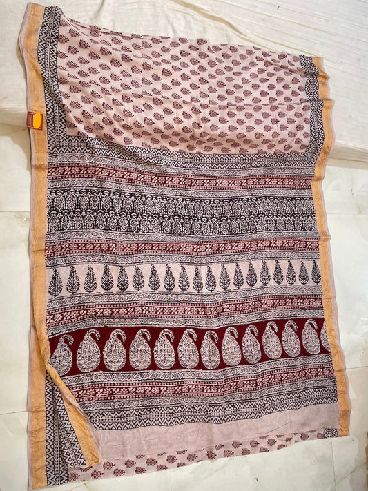 Bagh Print Cotton Saree with zari Border