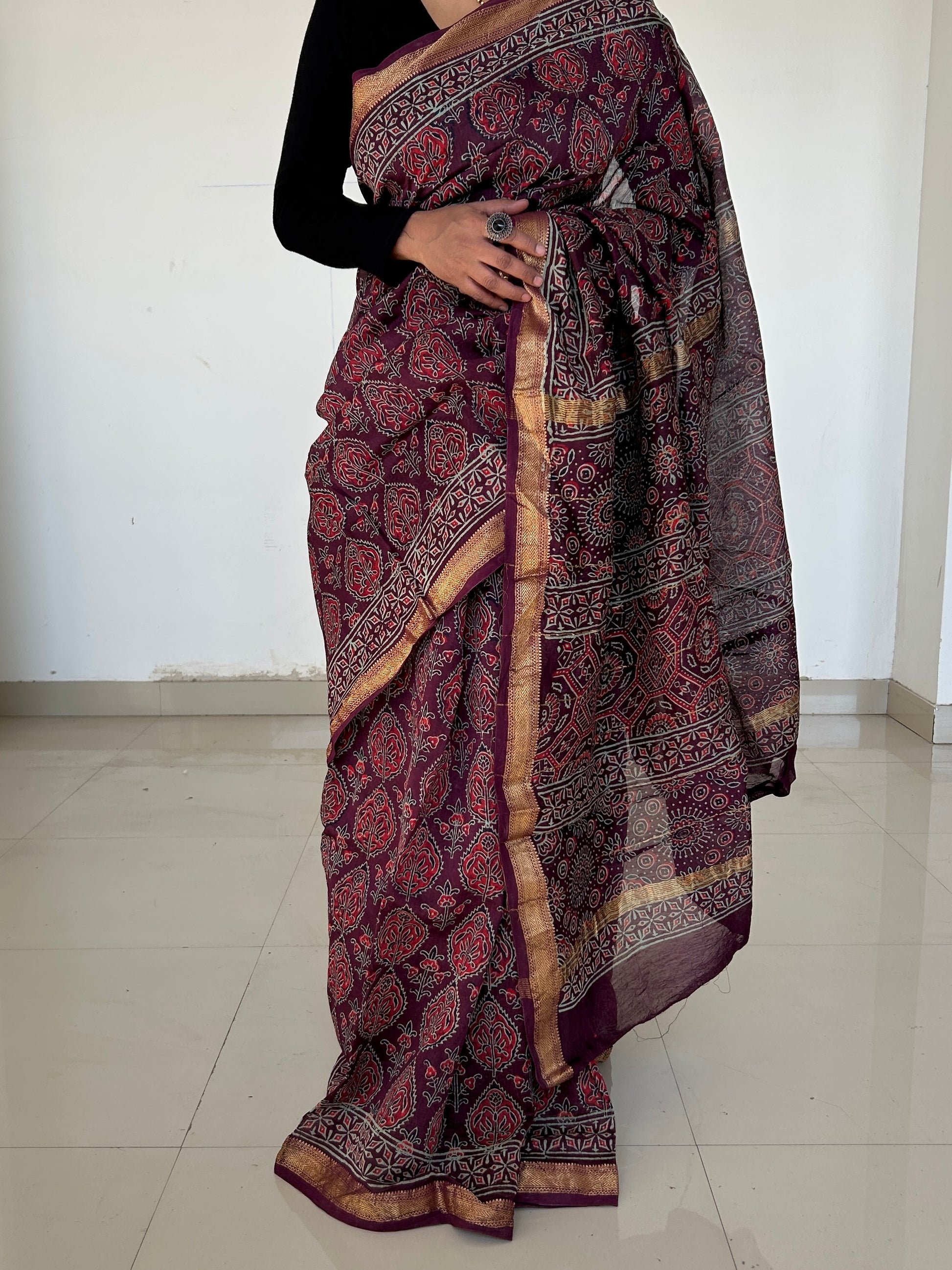 Ajrakh Maheshwari Silk Cotton Saree with Gold zari Border