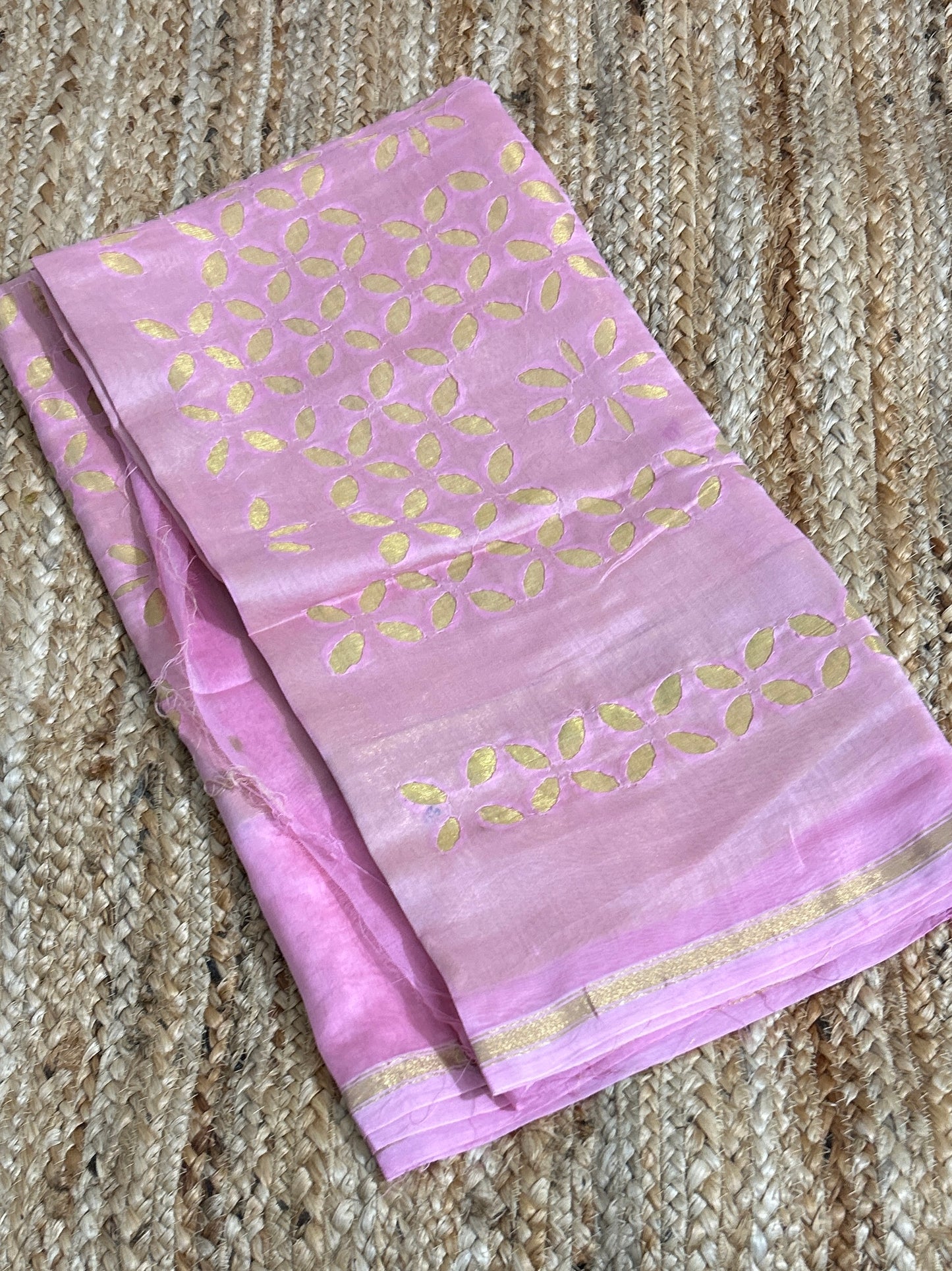 Pink Appliqué Work Chanderi Silk Kurti Fabric