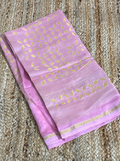 Pink Appliqué Work Chanderi Silk Kurti Fabric